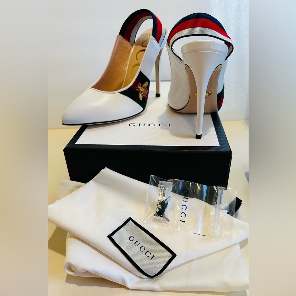 Gucci Sylvie Leather Slingback Pumps with Bee in White 36.5 - Picture 9 of 16